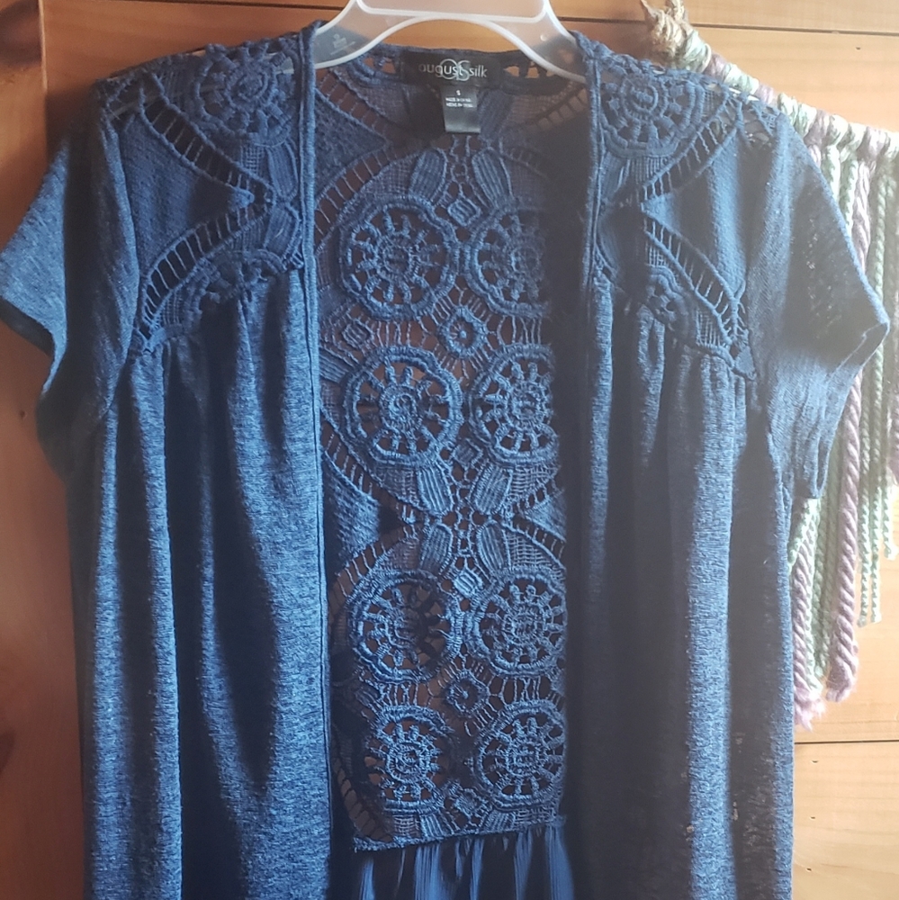 August Silk Beach Cover-up, Size S summer layering sweater lace chiffon hem